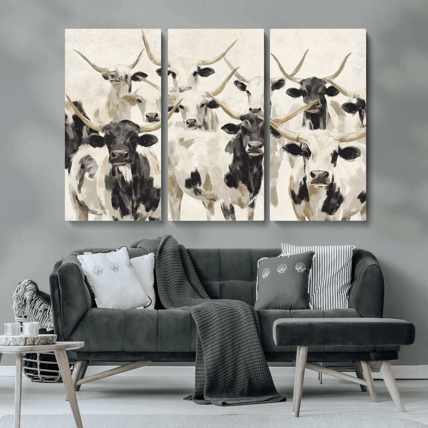MGV-CV-48X32-3P - Longhorn Texas Cow Drawing Abstract Wall Art Canvas Print for Farmhouse Decor, Texas Bull Printing