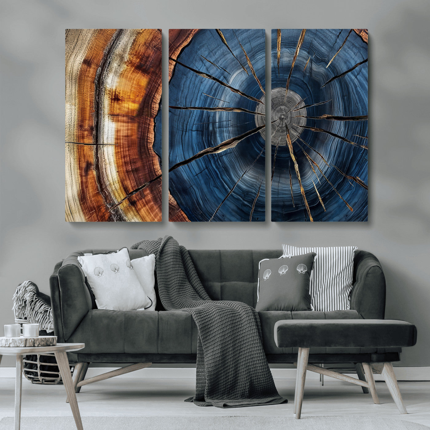 MGV-CV-48X32-3P - Framed Abstract Tree Ring Wall Art Print, Natural Rustic Wood Texture Canvas Print, Wood Tree Stump
