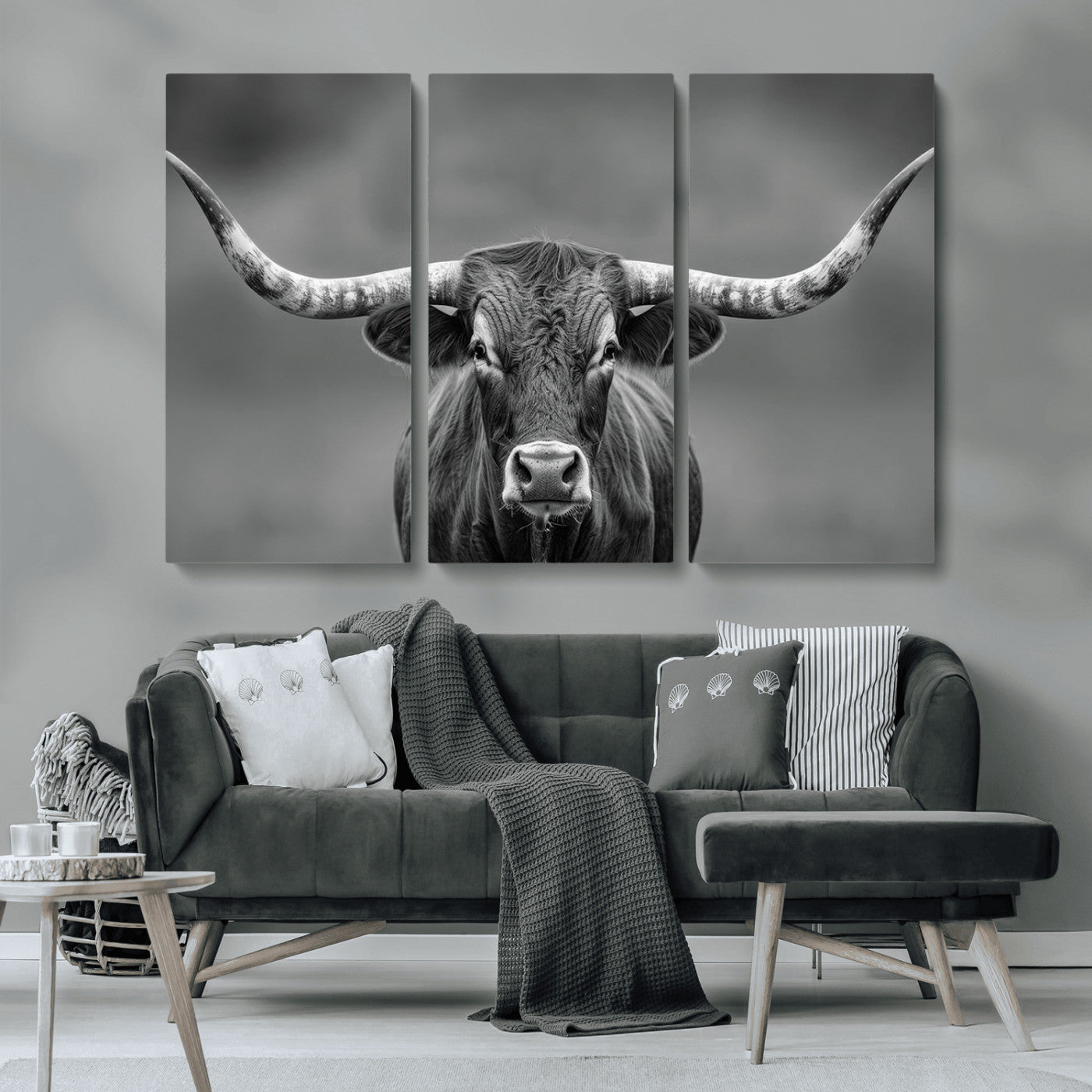 MGV-CV-48X32-3P - Framed Texas Longhorn Bull Art Canvas Print, Western Bull Wall Art Print, Long Horn Bull Photo Print