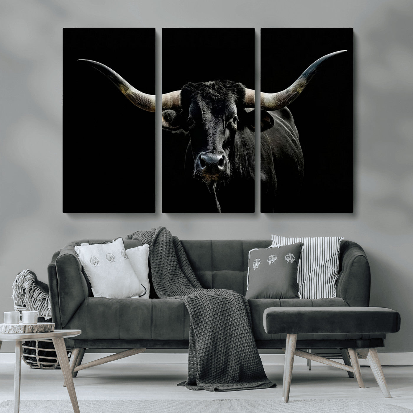 MGV-CV-48X32-3P - Texas Black Bull Wall Art Print, Longhorn Bull Canvas Wall Art