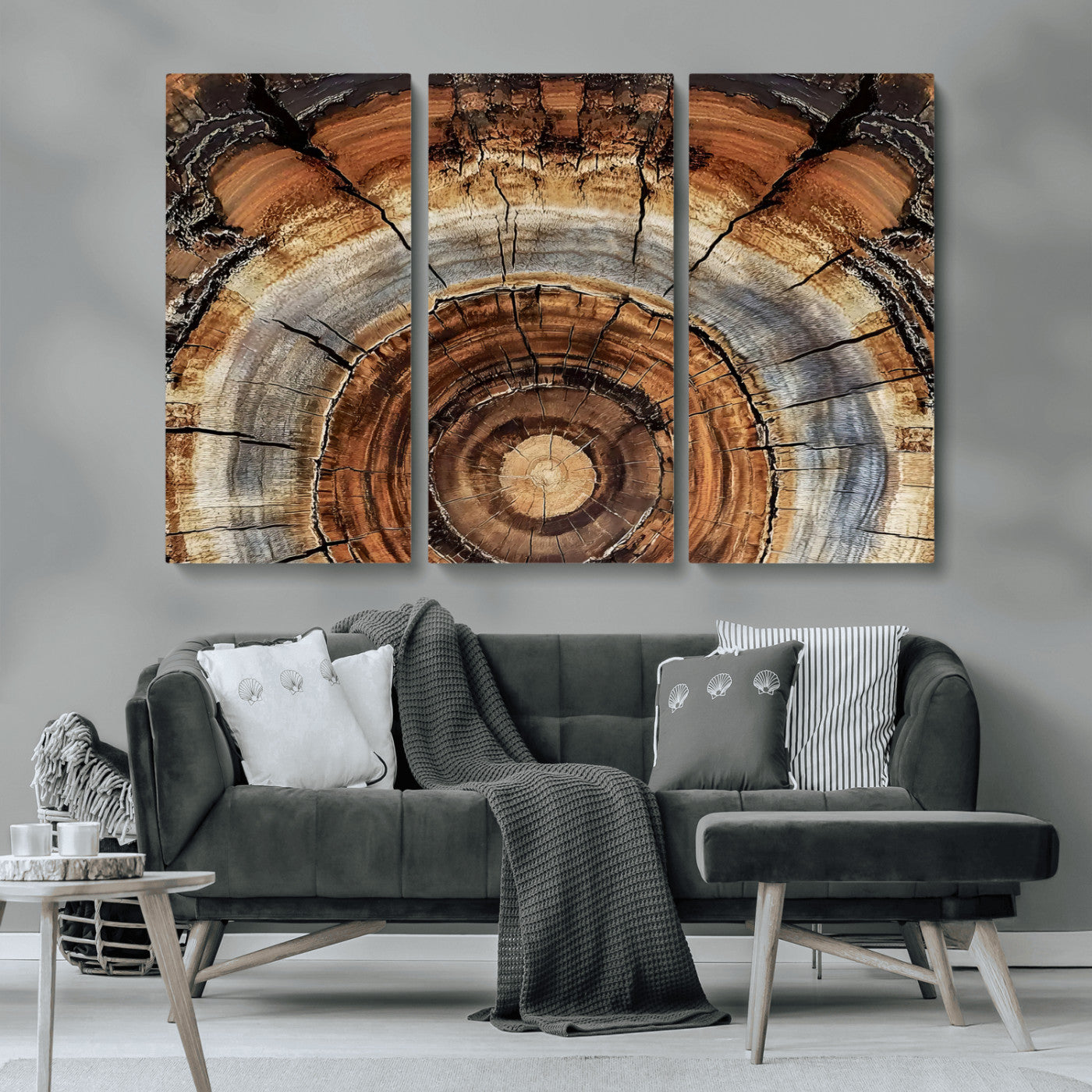 MGV-CV-48X32-3P - Tree Rings Wall Art Canvas Print, Framed Wood Texture Art Picture Print, Rustic Pattern Perfect Rustic Organic Decor Artwork