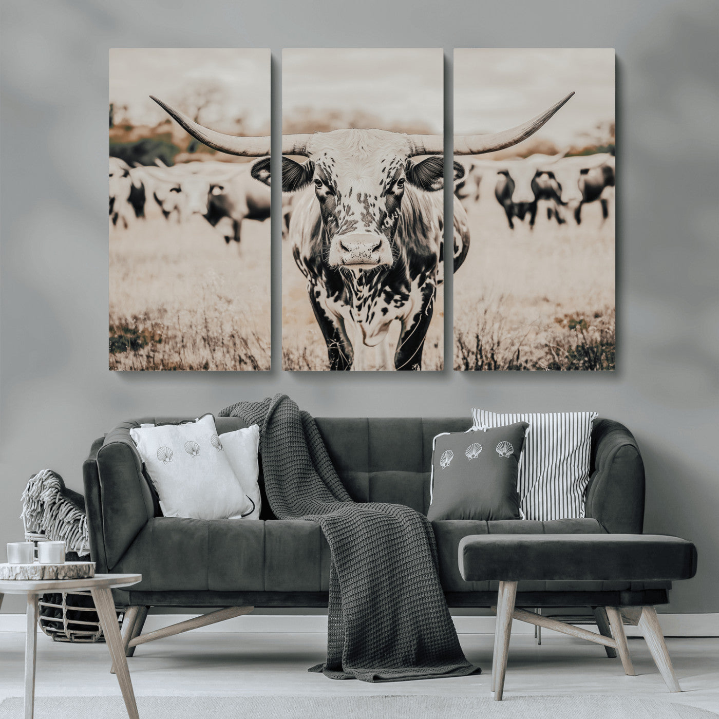 MGV-CV-48X32-3P - Texas Longhorn Wall Art Canvas Print, Framed Speckled Cow Art Picture Print, Horned Cattle Perfect Rustic Western Decor Artwork