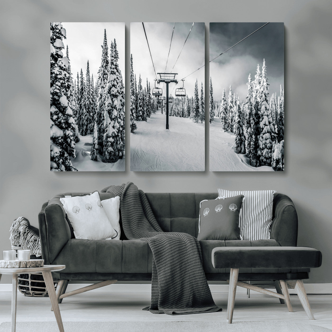 MGV-CV-48X32-3P - Snowy Pines Wall Art Canvas Print, Framed Ski Lift Art Picture Print, Winter Forest Perfect Moody Lodge Decor Artwork