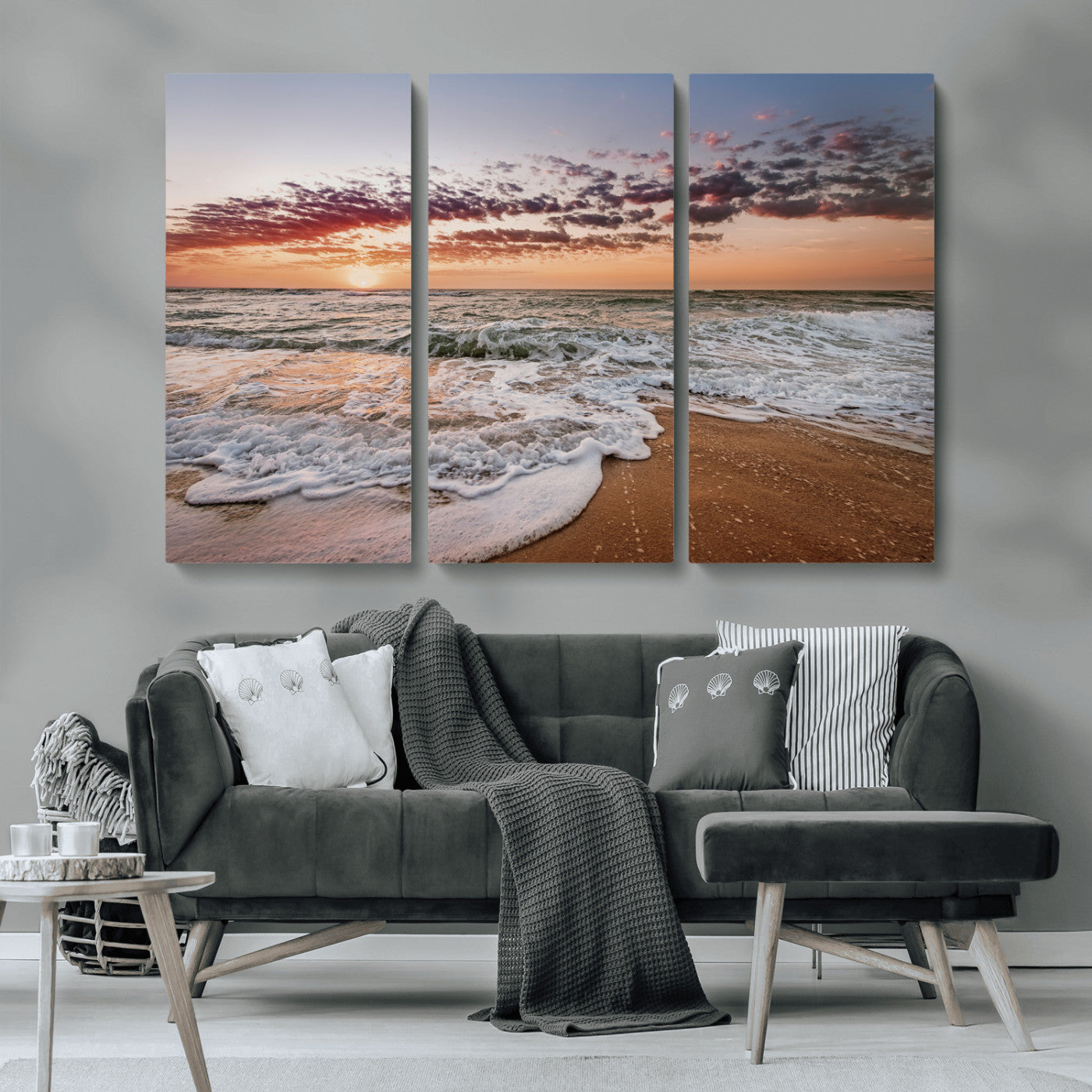 MGV-CV-48X32-3P - Ocean Sunset Wall Art Canvas Print, Framed Sandy Shore Art Picture Print, Gentle Waves Perfect Minimalist Coastal Decor Artwork