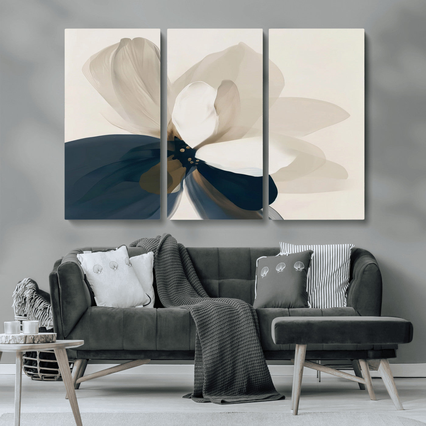 MGV-CV-48X32-3P - Minimal Flower Wall Art Canvas Print, Framed Flower Drawing Art Picture Print, Beige Bloom Perfect Modern Botanical Decor Artwork