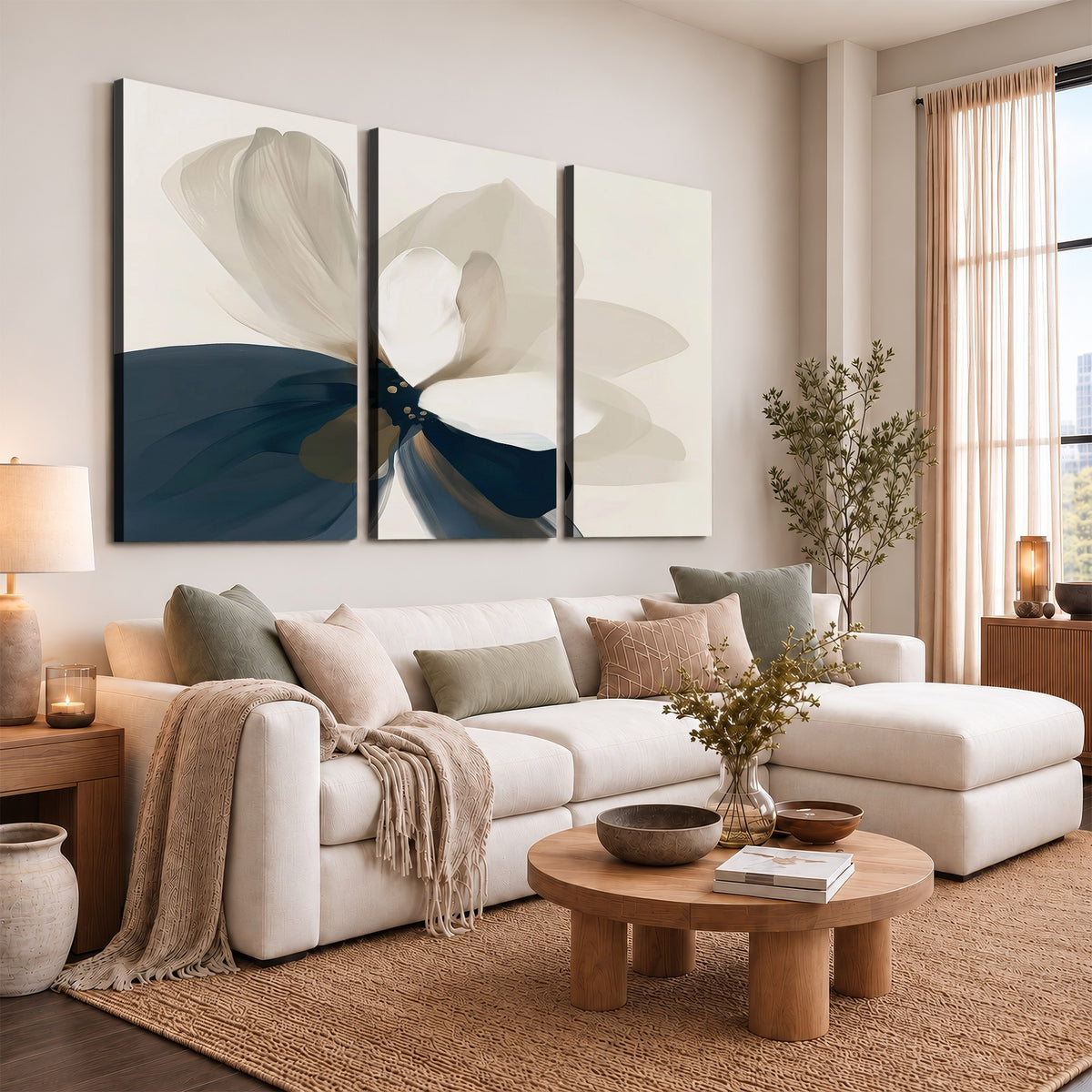42188901-MGV-CV-24X16 - Minimal Flower Wall Art Canvas Print | Framed Beige and Navy Bloom