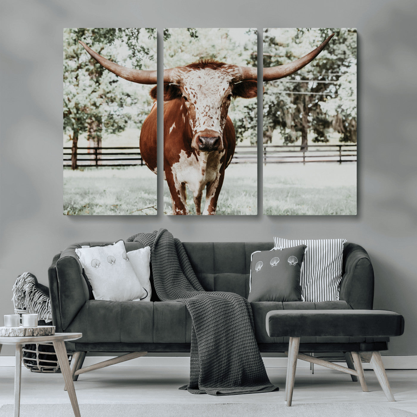 MGV-CV-48X32-3P - Texas Longhorn Wall Art Canvas Print, Framed Spotted Cow Art Picture Print, Horned Cattle Perfect Rustic Western Decor Artwork