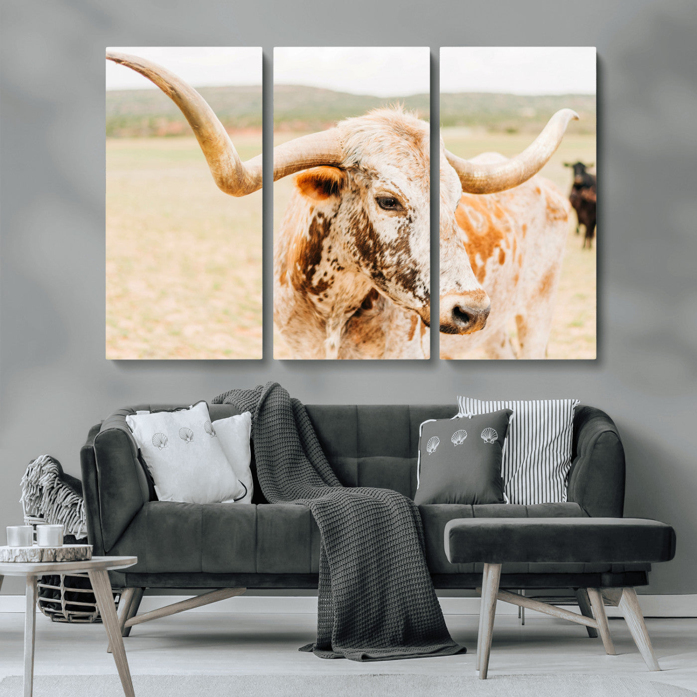 MGV-CV-48X32-3P - Texas Longhorn Wall Art Canvas Print, Framed Spotted Cow Art Picture Print, Horned Cattle Perfect Rustic Western Decor Artwork