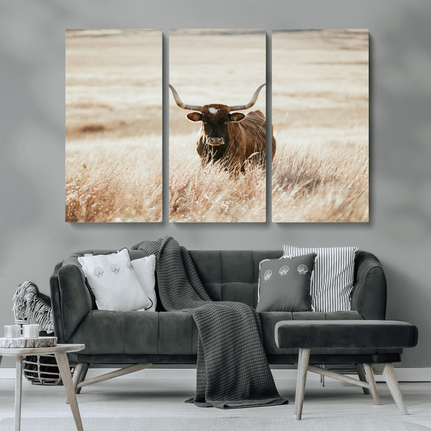 MGV-CV-48X32-3P - Texas Longhorn Wall Art Canvas Print, Framed Brown Cattle Art Picture Print, Horned Bull Perfect Rustic Western Decor Artwork