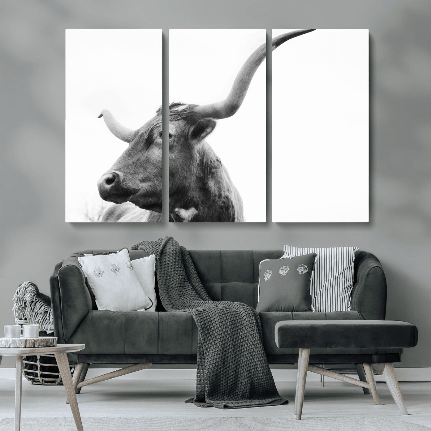 MGV-CV-48X32-3P - Longhorn Wall Art Wall Art Canvas Print, Framed Modern Ranch Style Art Art Picture Print, Monochrome Cow Print Perfect Rustic Western Decor Artwork
