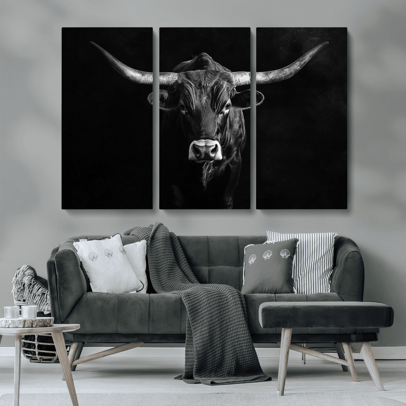 MGV-CV-48X32-3P - Texas Longhorn Wall Art Canvas Print, Framed Monochrome Bull Art Picture Print, Horned Bull Perfect Rustic Western Decor Artwork