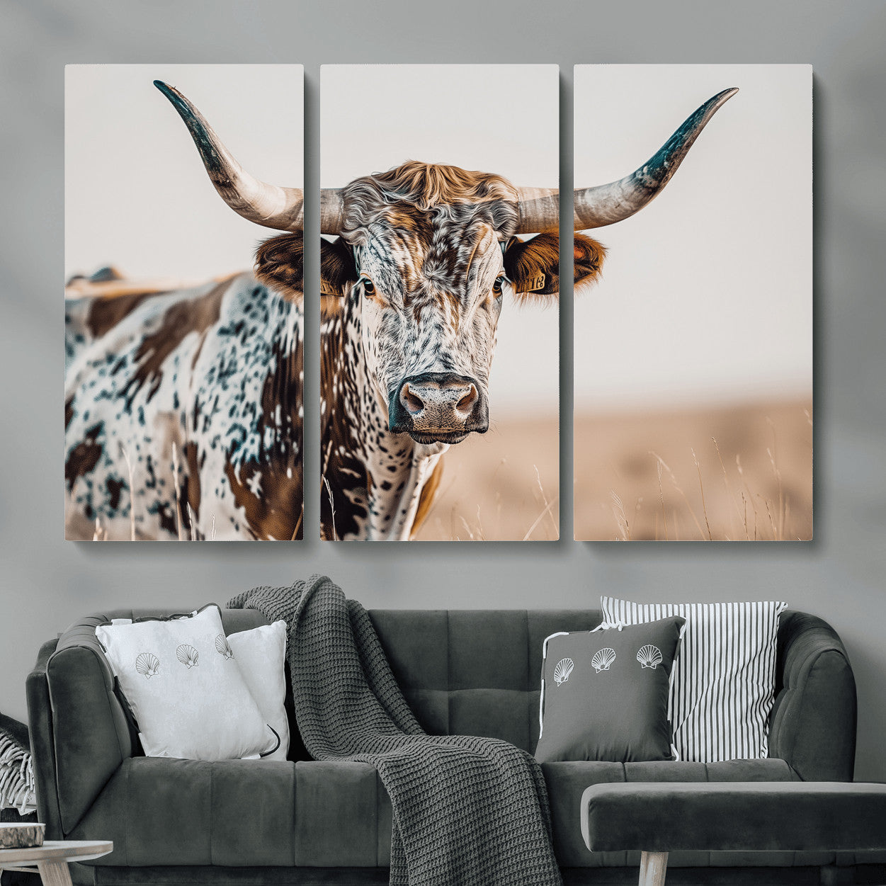 70414966-MGV-CV-48X32-3P - Majestic Longhorn Wall Art – Canvas Print of Strong Stance Intricate Fur & Sharp Horns Rustic Elegance & Timeless Wild Beauty Decor for Living Room, Office or Bedroom