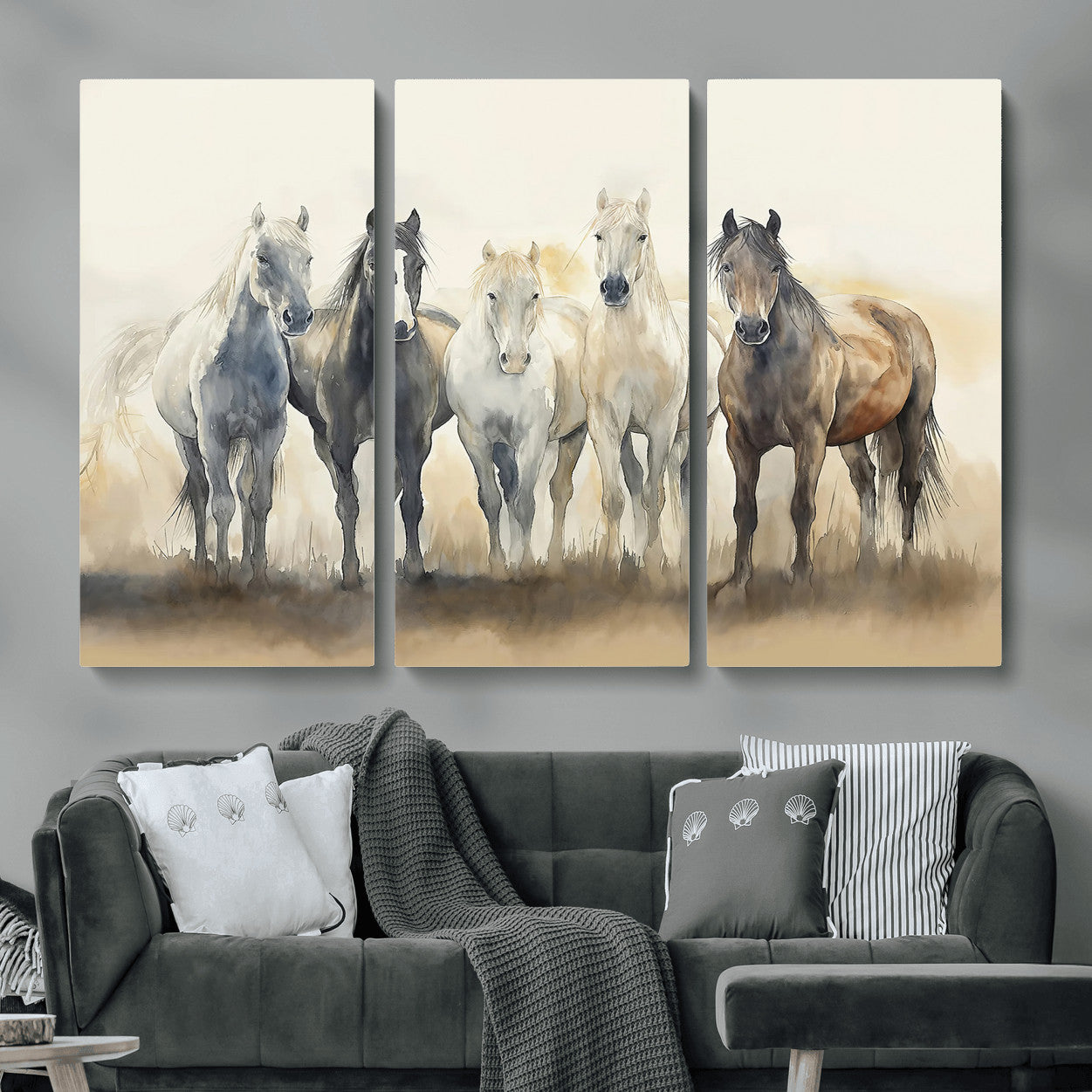 MGV-CV-48X32-3P - Wild Horses Wall Art Canvas Print, Framed Running Horses Art Picture Print, Watercolor Horses Perfect Rustic Western Decor Artwork