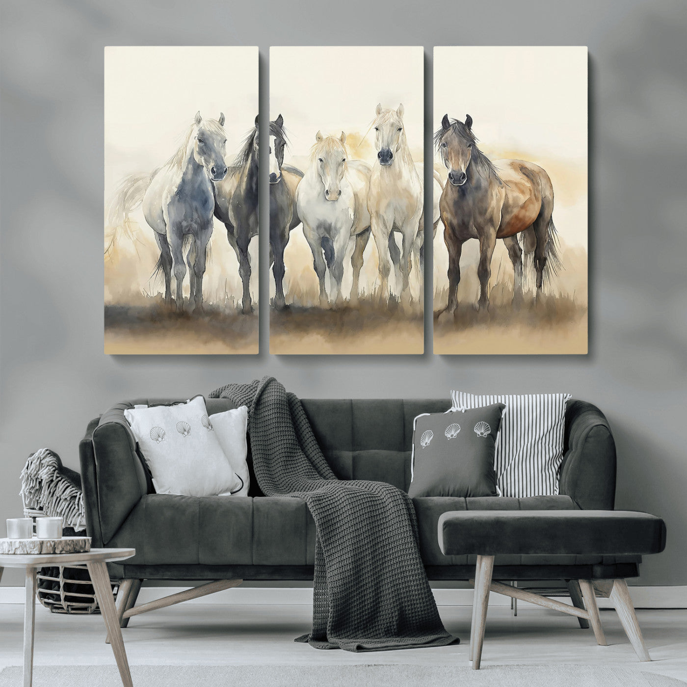 MGV-CV-48X32-3P - Wild Horses Wall Art Canvas Print, Framed Running Horses Art Picture Print, Watercolor Horses Perfect Rustic Western Decor Artwork
