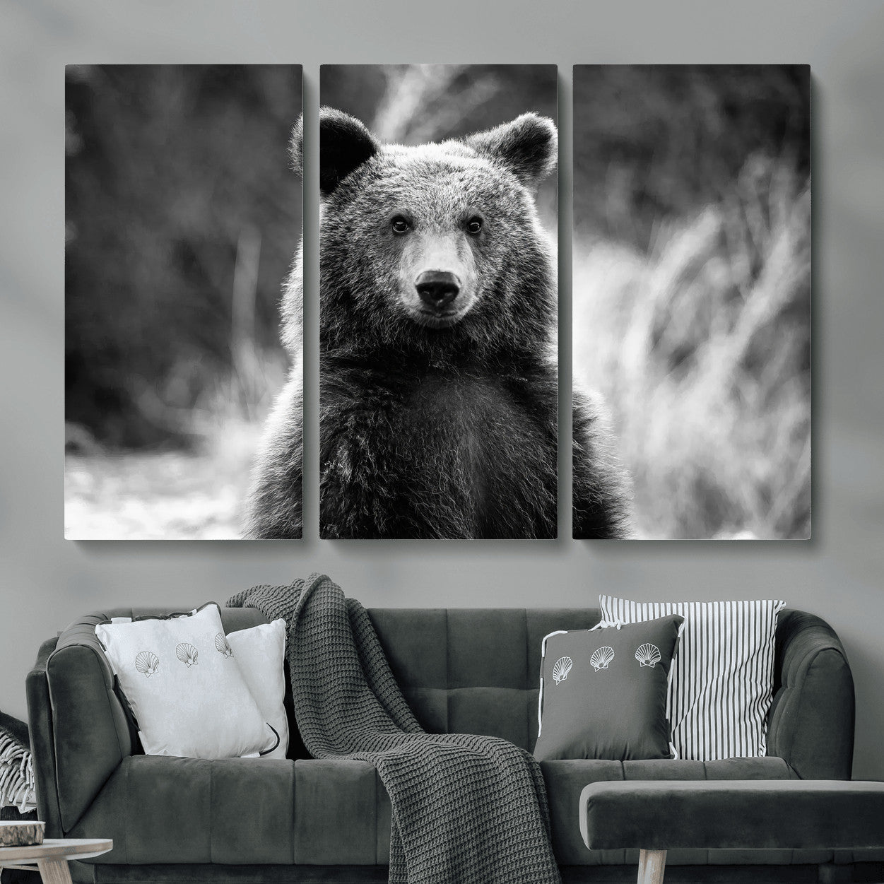55656803-MGV-CV-48X32-3P-Grizzly Bear Wall Art Canvas Print – Framed Black White Wildlife Rustic Nature Artwork for Home, Office Decor