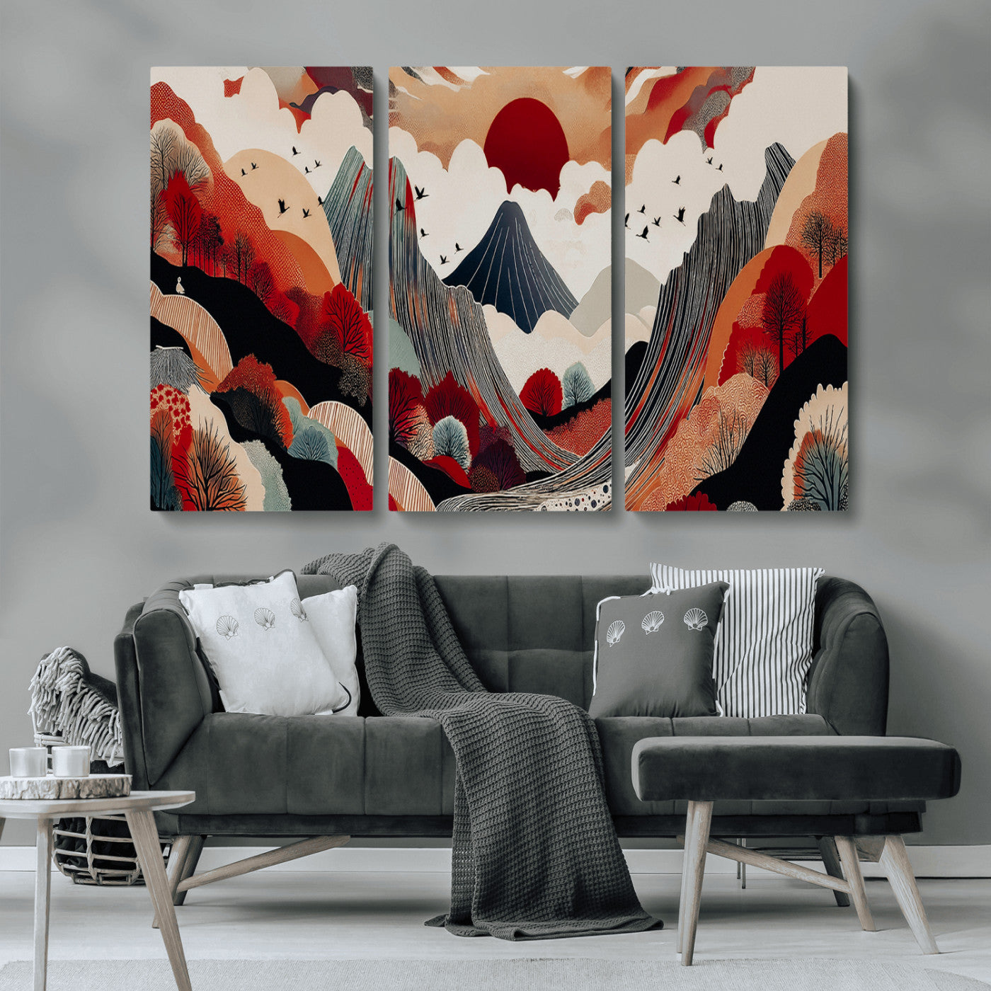 MGV-CV-48X32-3P - Abstract Mountain Wall Art Canvas Print, Framed Vibrant Landscape Art Picture Print, Stylized Nature Drawing Perfect Contemporary Minimalist Decor Artwork