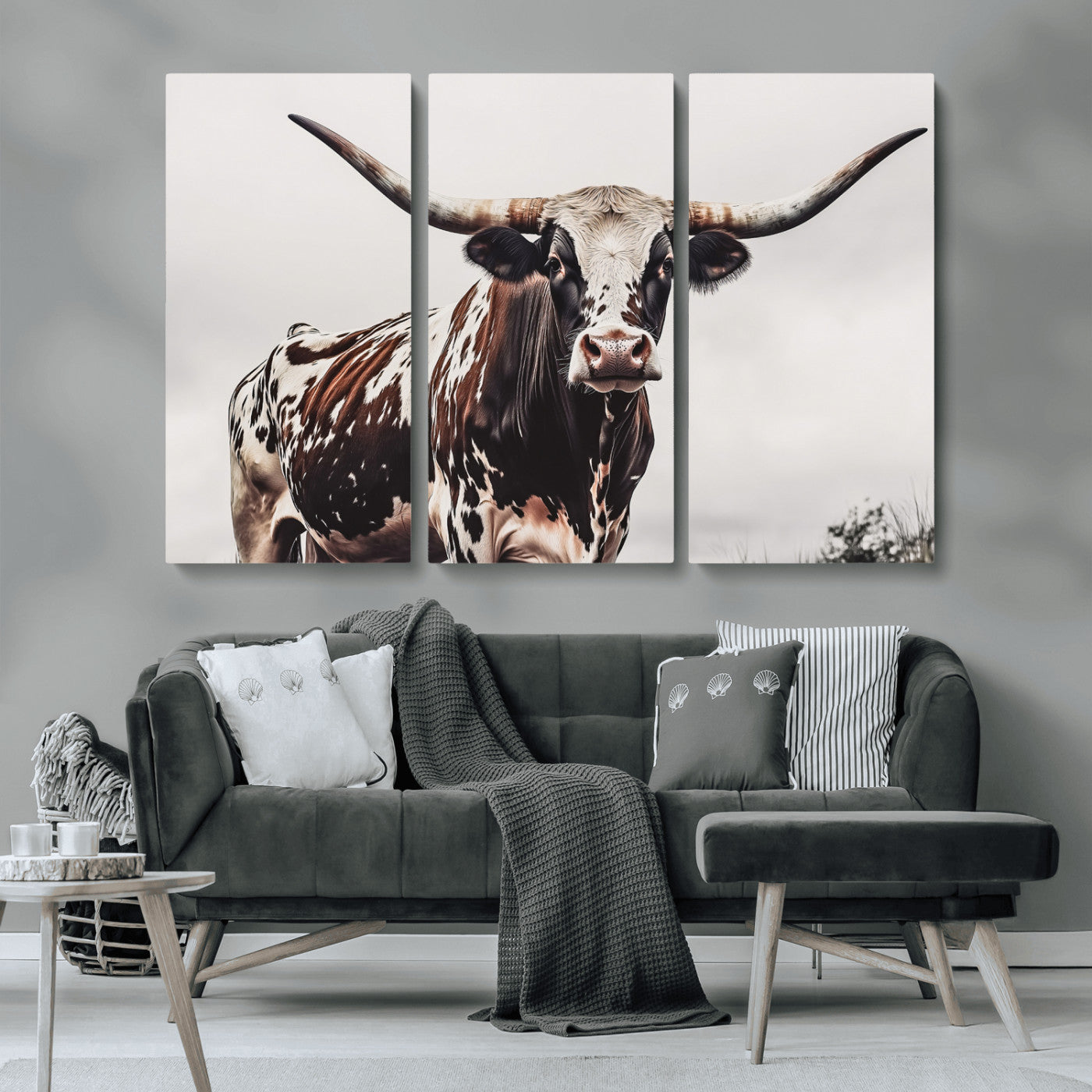 Close-up of a Texas Longhorn bull with powerful horns, perfect for rustic farmhouse or country-themed home decor. Ideal for animal lovers.