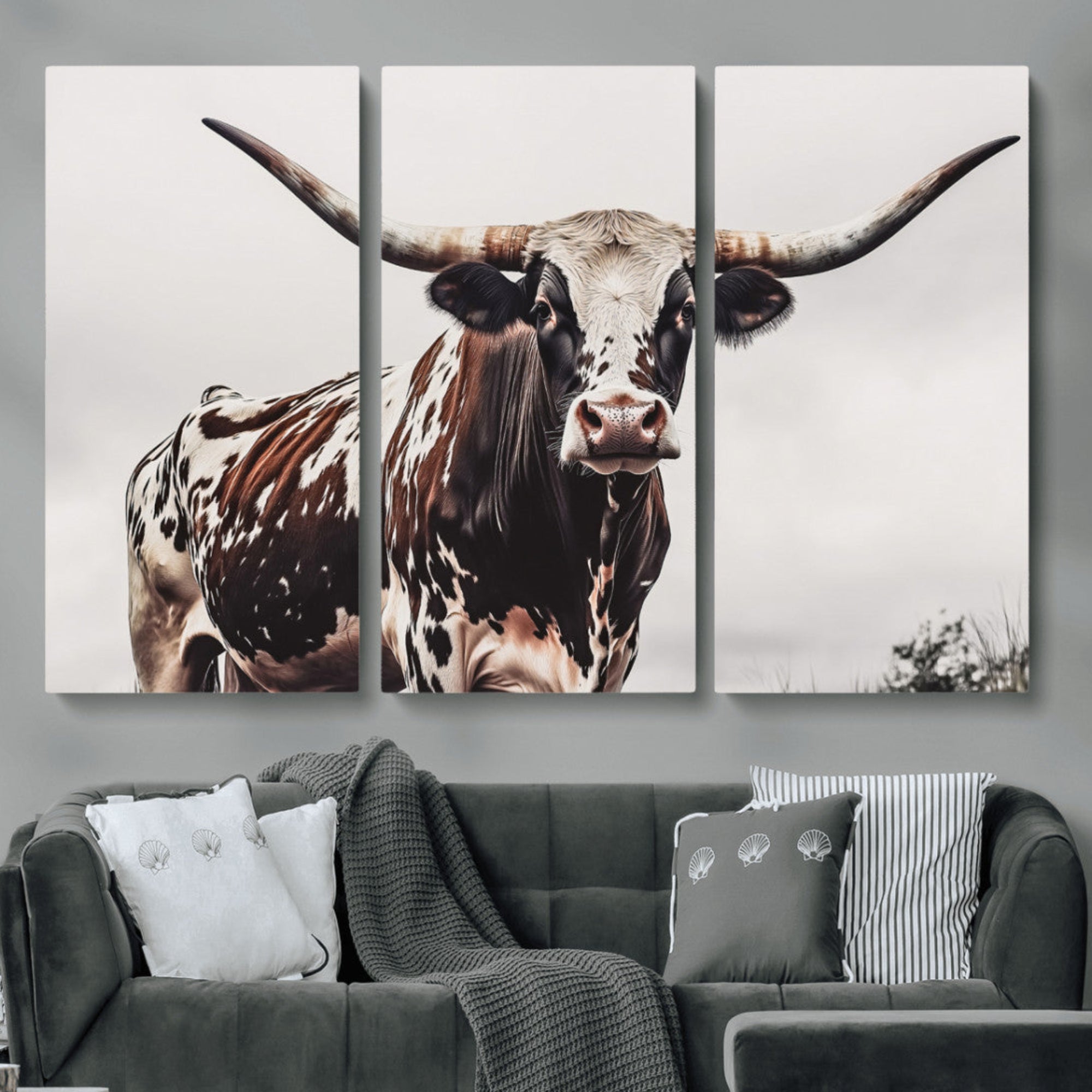 Close-up of a Texas Longhorn bull with powerful horns, perfect for rustic farmhouse or country-themed home decor. Ideal for animal lovers.