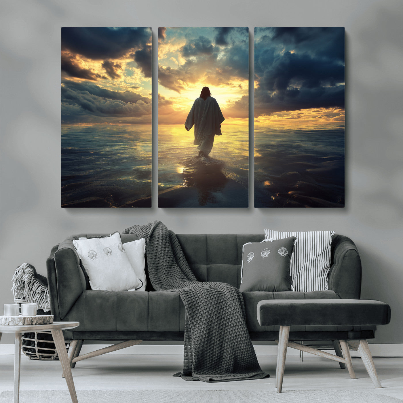 MGV-CV-48X32-3P - Jesus Walks Wall Art Canvas Print, Framed Divine Sunset Art Picture Print, Spiritual Light Perfect Spiritual Tranquil Decor Artwork