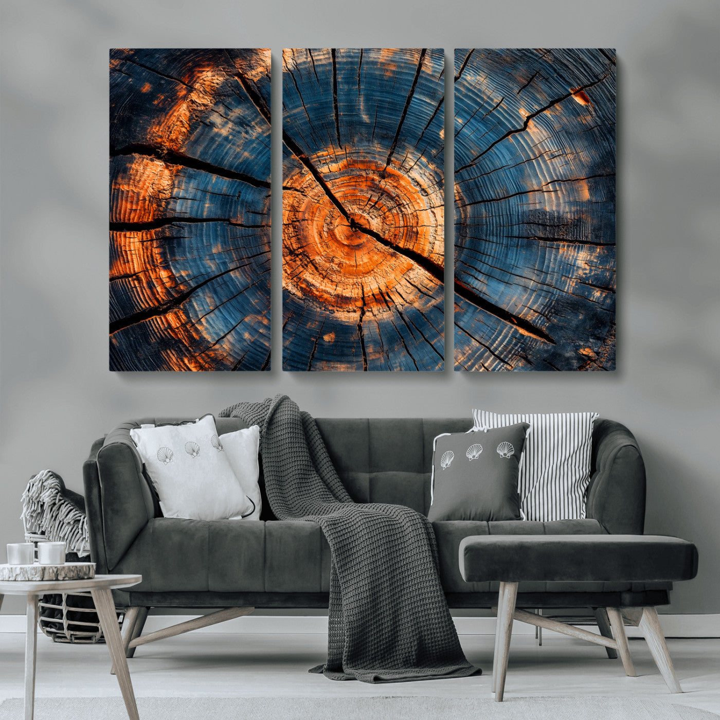 MGV-CV-48X32-3P - Burnt Wood Wall Art Canvas Print, Framed Aged Timber Art Picture Print, Rustic Tree Slice Perfect Rustic Decor Artwork