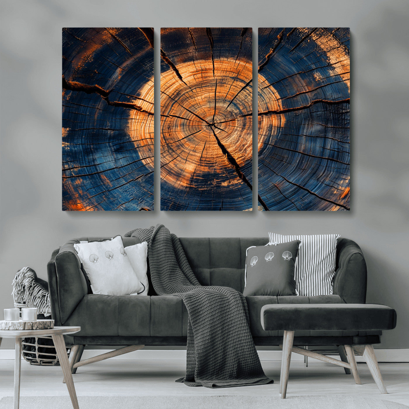 MGV-CV-48X32-3P - Burnt Wood Wall Art Canvas Print, Framed Aged Timber Art Picture Print, Rustic Tree Slice Perfect Rustic Decor Artwork