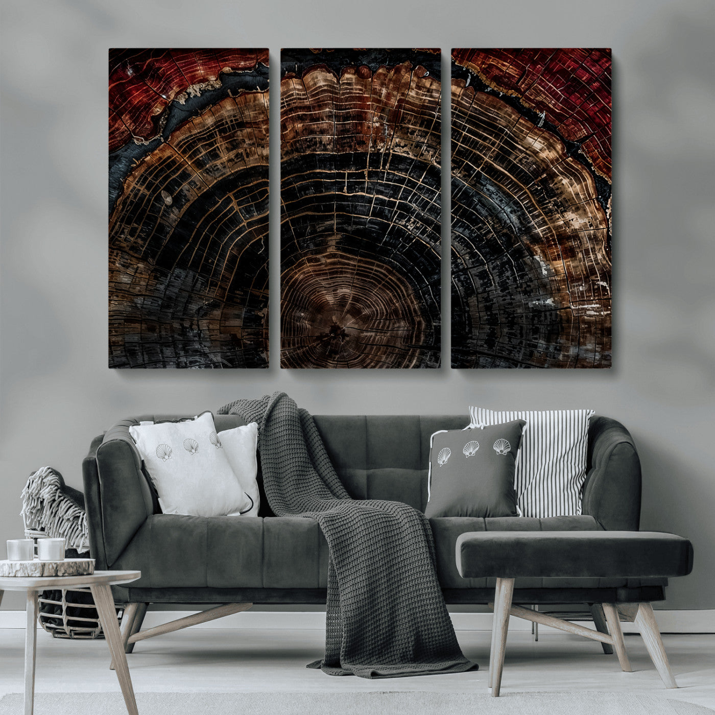 MGV-CV-48X32-3P - Dark Wood Ring Wall Art Canvas Print, Framed Abstract Wood Tree Art Picture Print, Rustic Tree Slice Perfect Rustic Decor Artwork