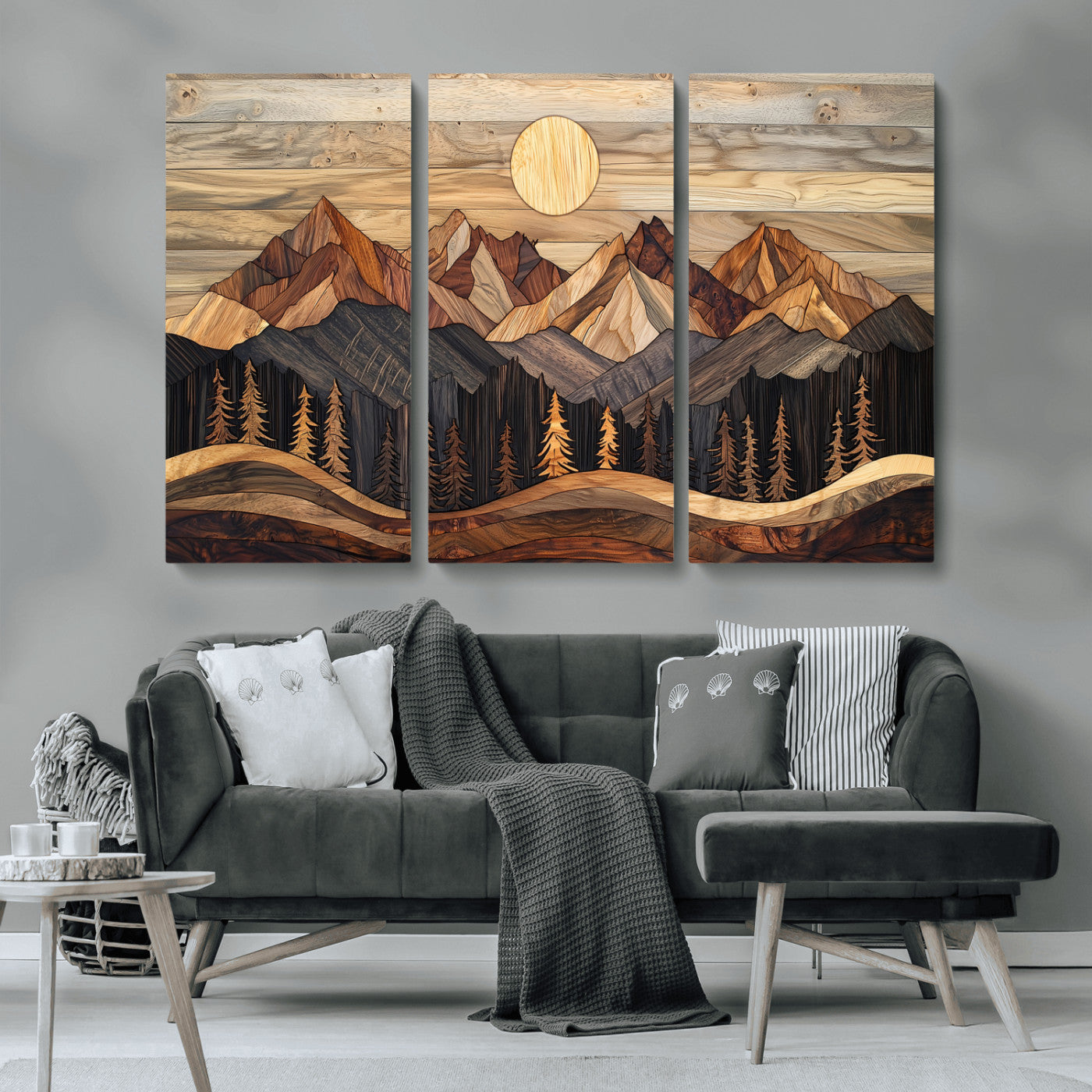 MGV-CV-48X32-3P - Wood Mountain Wall Art Canvas Print, Framed Boho Wood Art Picture Print, Abstract Woodland Perfect Farmhouse Decor Artwork