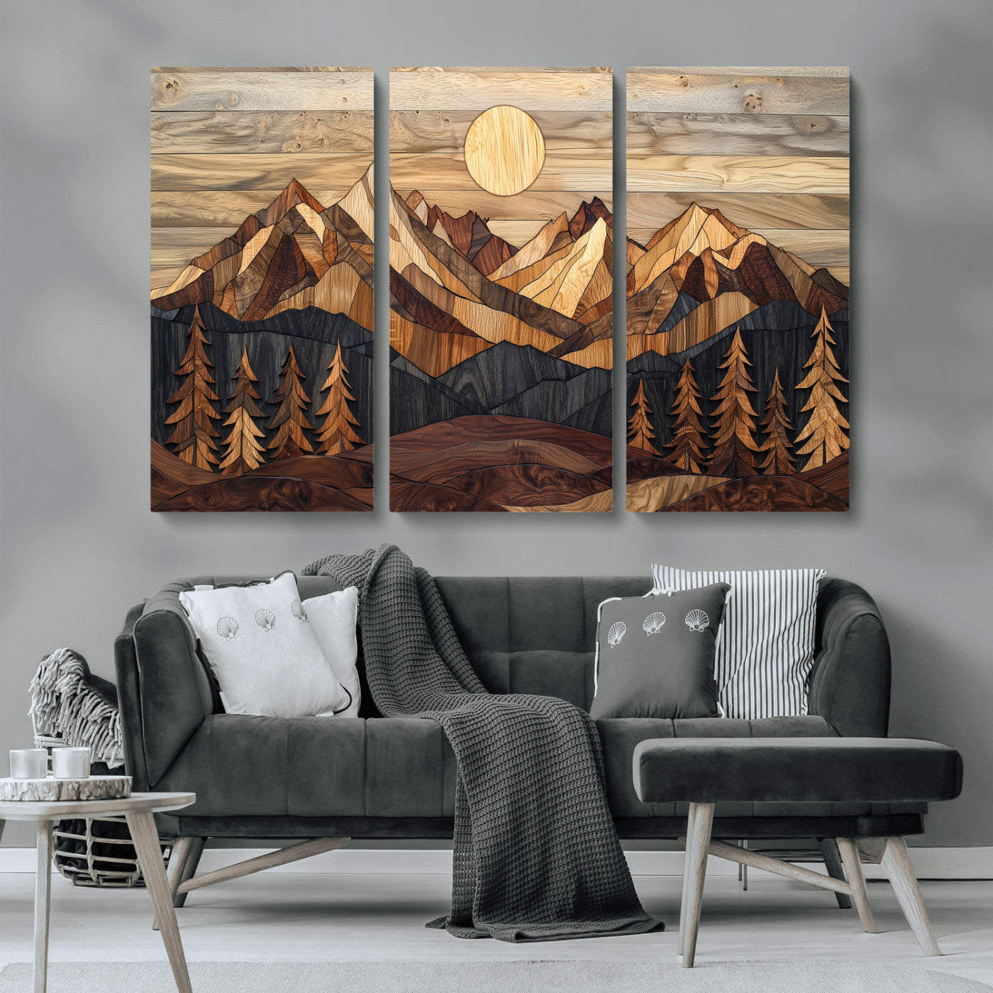 MGV-CV-48X32-3P - Wood Mountain Landscape Wall Art Canvas Print, Framed Sunset Hills Art Picture Print, Abstract Nature Perfect Boho Decor Artwork