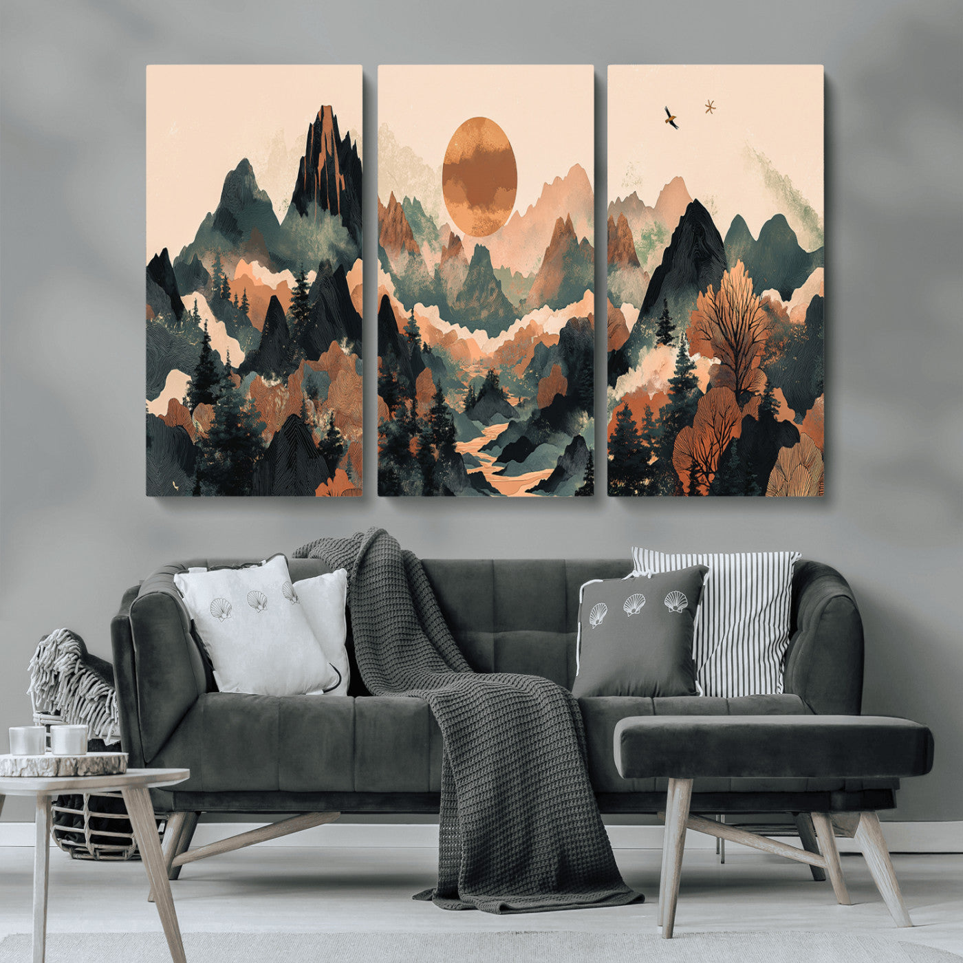MGV-CV-48X32-3P - Wood Mountain Landscape Wall Art Canvas Print, Framed Sunset Hills Art Picture Print, Abstract Nature Perfect Boho Decor Artwork