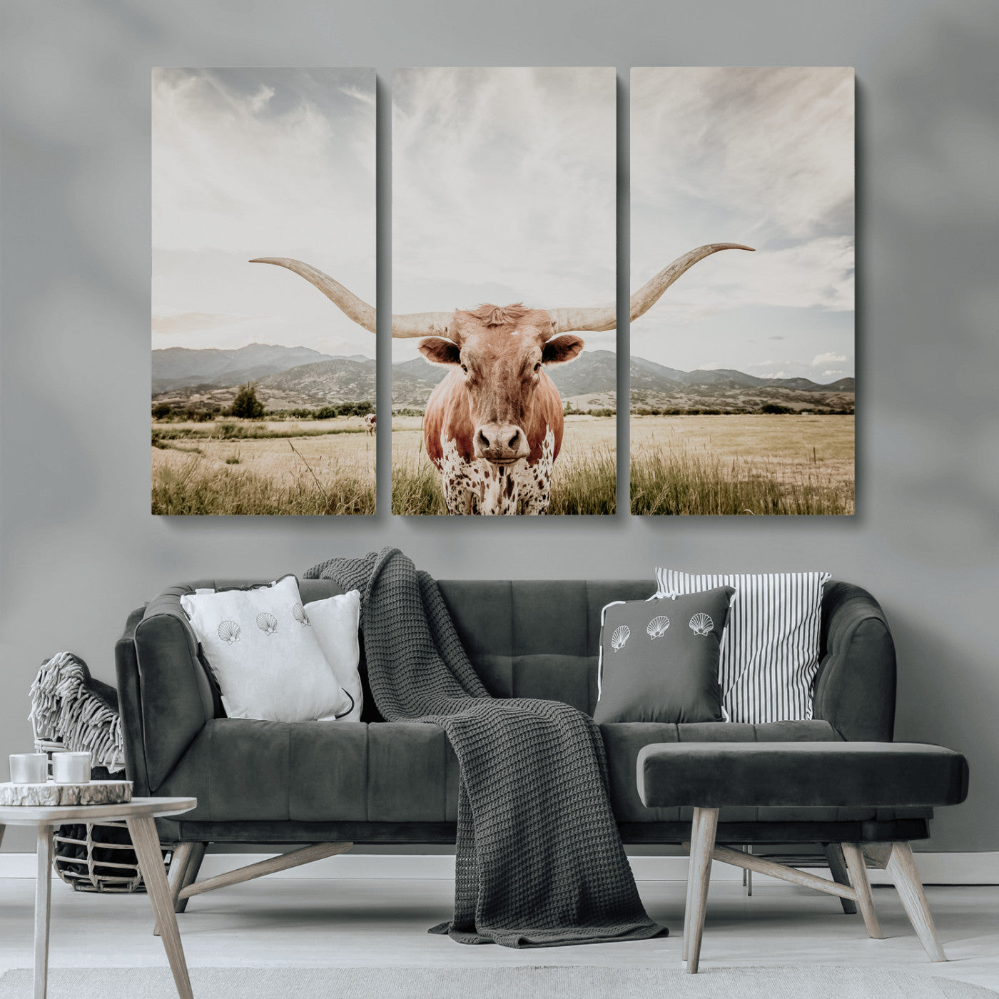 MGV-CV-48X32-3P - Texas Longhorn Wall Art Canvas Print, Framed Western Cow Art Picture Print, Rustic Farmhouse Perfect Farmhouse Decor Artwork