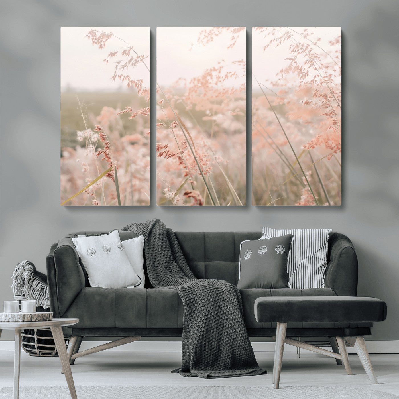 MGV-CV-48X32-3P - Pastel Grasses Wall Art Canvas Print, Framed Soft Meadow Art Picture Print, Field in Breeze Perfect Soft Pastel Minimal Decor Artwork
