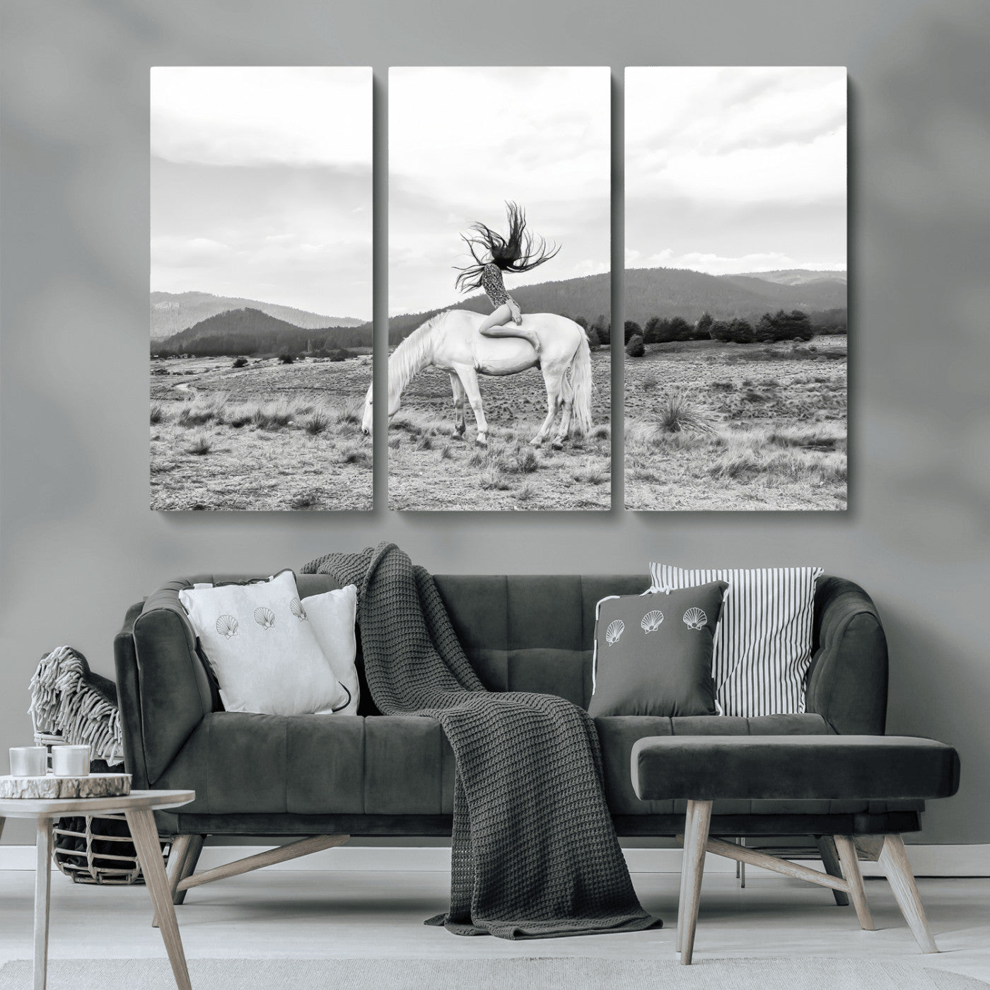 MGV-CV-48X32-3P - White Horse Wall Art Canvas Print, Framed Woman Rider Art Picture Print, Equestrian Pose Perfect Western Boho Decor Artwork