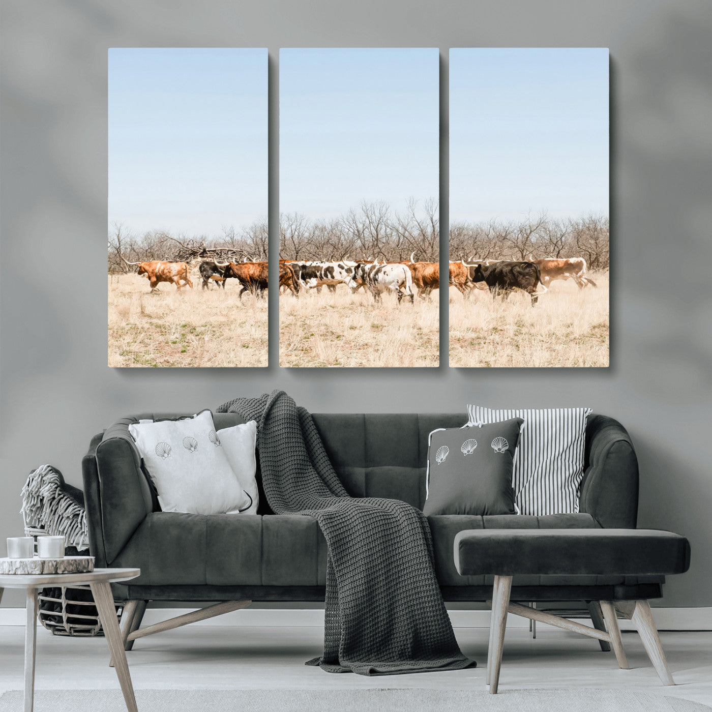 MGV-CV-48X32-3P - Texas Longhorns Wall Art Canvas Print, Framed Western Cattles Art Picture Print, Rustic Herd Perfect Rustic Farmhouse Decor Artwork