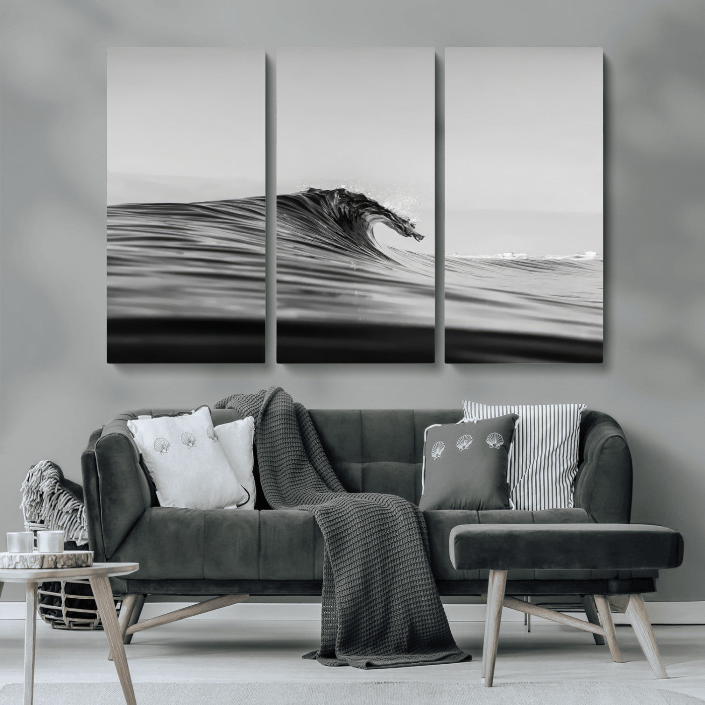 MGV-CV-48X32-3P - Black Wave Wall Art Canvas Print, Framed Abstract Surf Art Picture Print, Minimalist Ocean Perfect Minimalist Coastal Decor Artwork