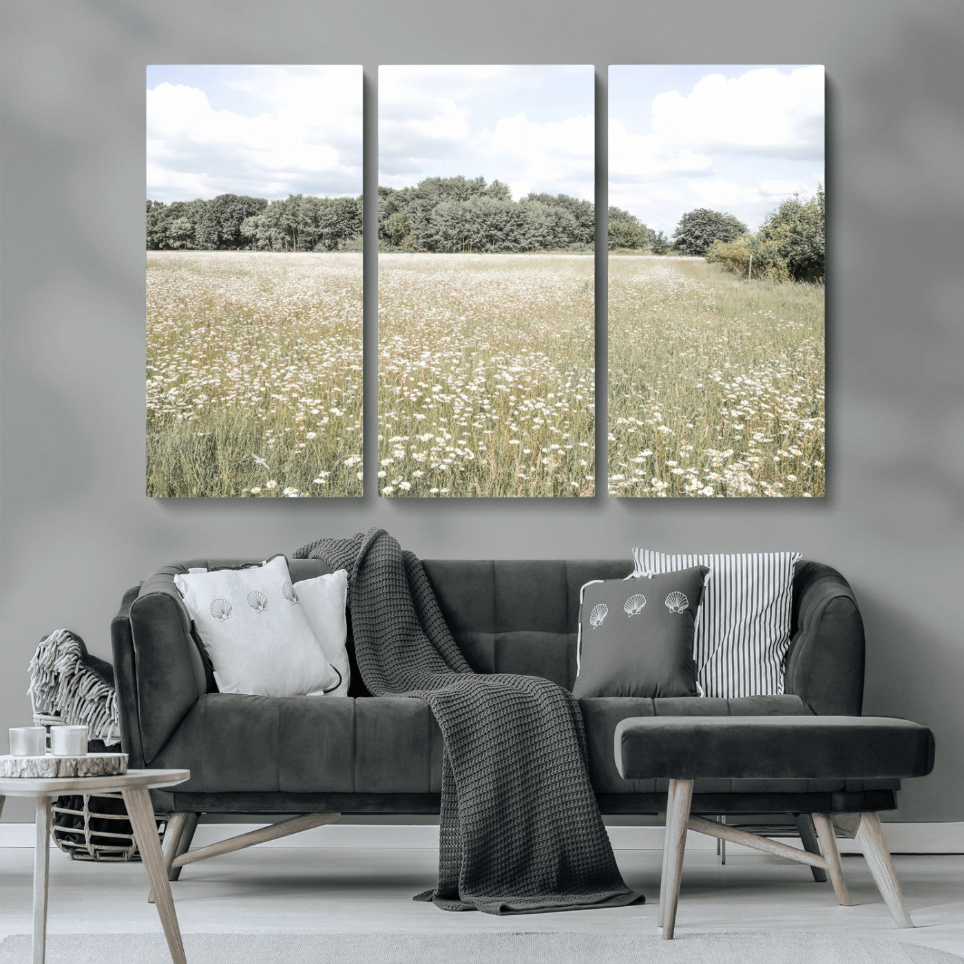 MGV-CV-48X32-3P - Charming Daisy Field Wall Art Canvas Print, Framed Pastel Flower Art Picture Print, Meadow Bloom Perfect Scandinavian Minimalist Decor Artwork
