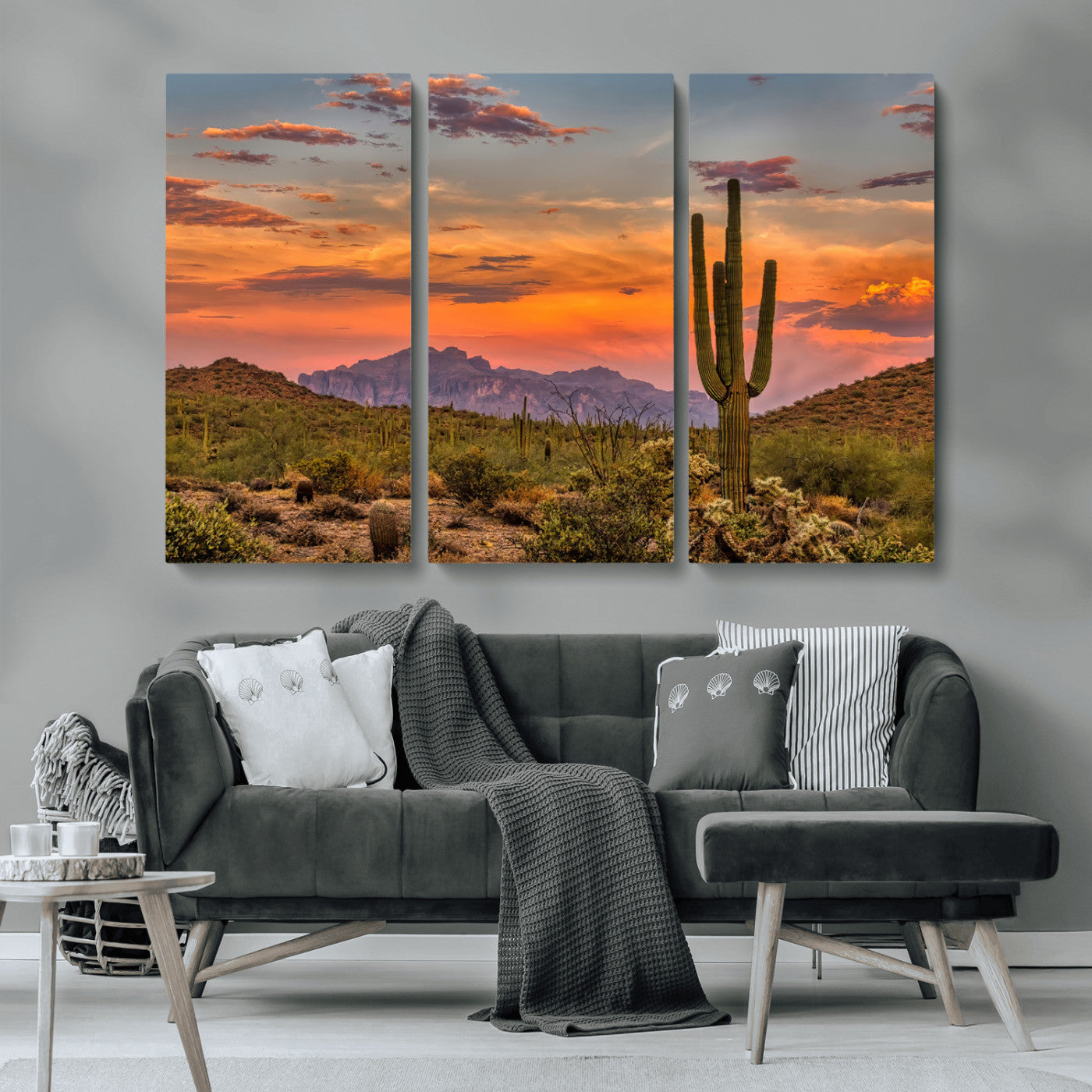 MGV-CV-48X32-3P - Saguaro Cactus Wall Art Canvas Print, Framed Arizona Sunset Art Picture Print, Sonoran Desert Perfect Southwestern Boho Decor Artwork