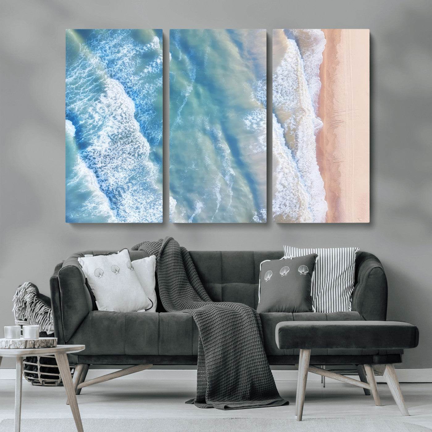 MGV-CV-48X32-3P - Aerial Ocean View Wall Art Canvas Print, Framed Soft Blue Waves Art Picture Print, Sandy Shoreline Perfect Modern Coastal Decor Artwork