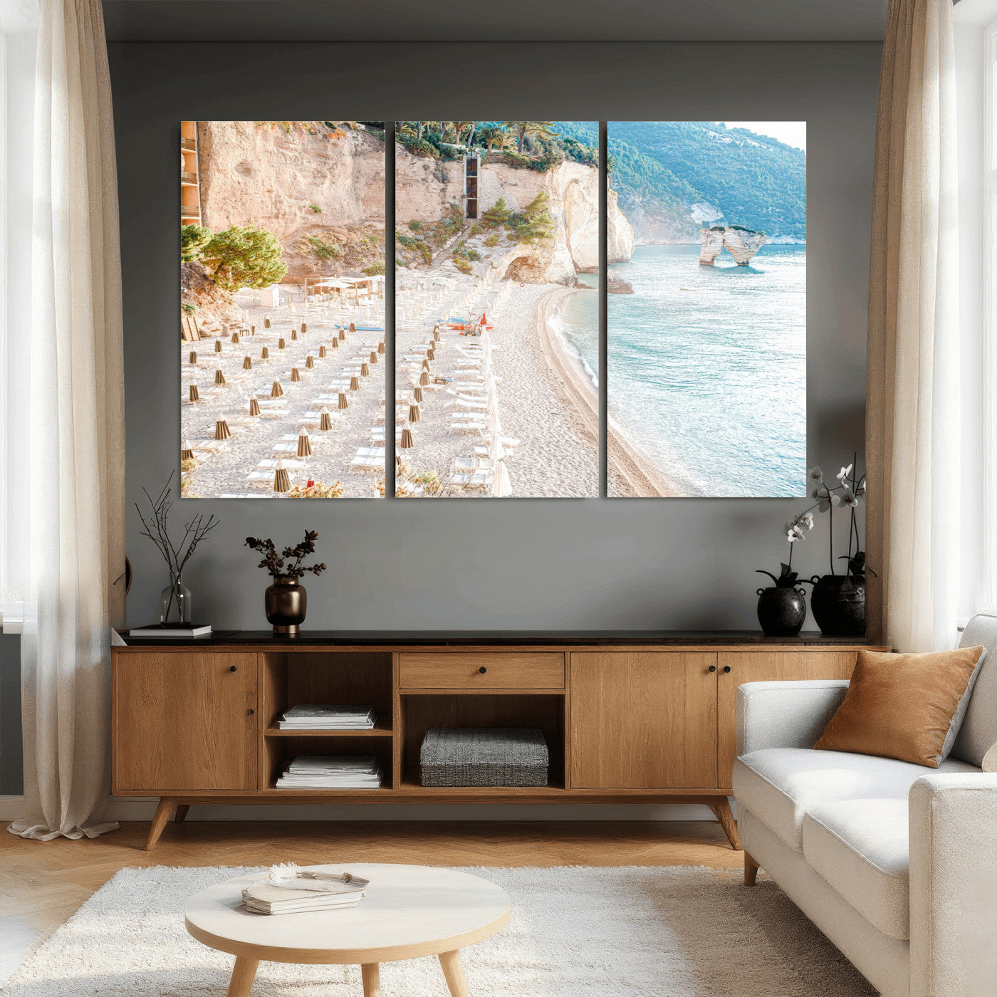 84816639-MGV-CV-36X24 - Sunny Beach Wall Art – Chairs & Umbrellas Canvas Print, Clear Water, Rocky Cliffs, Coastal Calm for Living Room or Vacation Home Decor