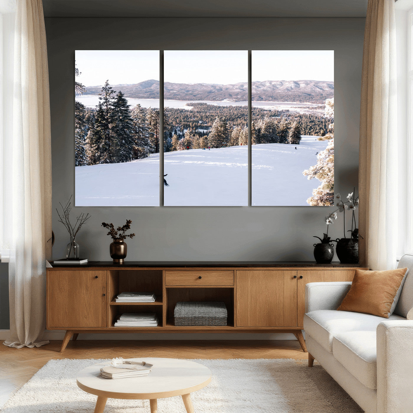 79857868-MGV-CV-36X24 - Snowboarder Wall Art – Winter Slope Canvas Print, Pine Forest, Snow-Covered Mountains, Outdoor Adventure for Living Room or Cabin Decor