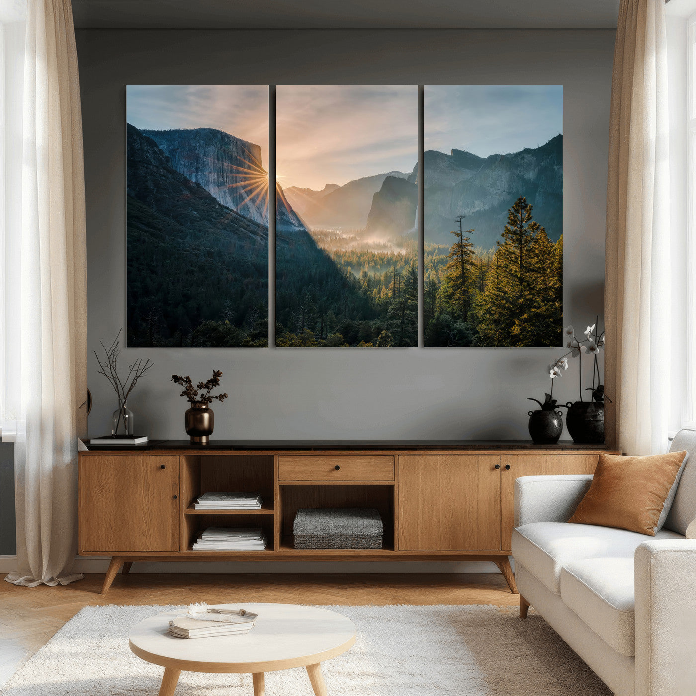 51605481-MGV-CV-36X24 - Yosemite Valley Wall Art – Misty Forest Peaks Canvas Print, Radiant Light, Tranquil Nature Landscape for Living Room or Cabin Decor