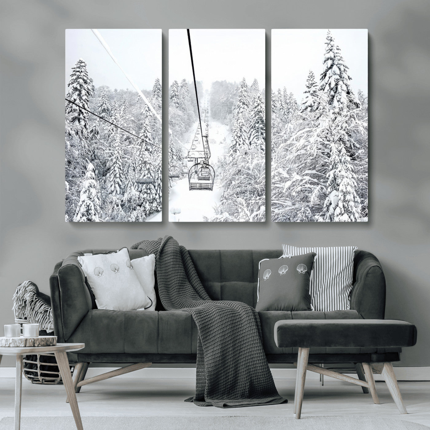 MGV-CV-48X32-3P - Winter Snow Ski Lift Wall Art Canvas Print Winter Trees Print