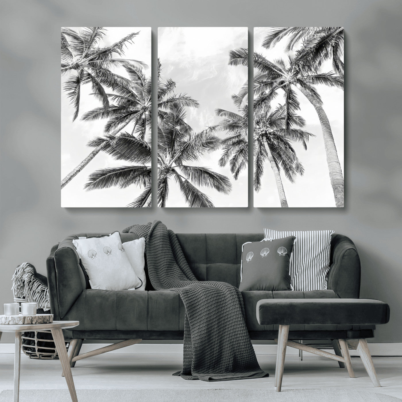 MGV-CV-48X32-3P - Black White Palm Wall Art Canvas Print, Framed Monochrome Tropics Art Picture Print, Minimalist Beach Perfect Coastal Minimalist Decor Artwork