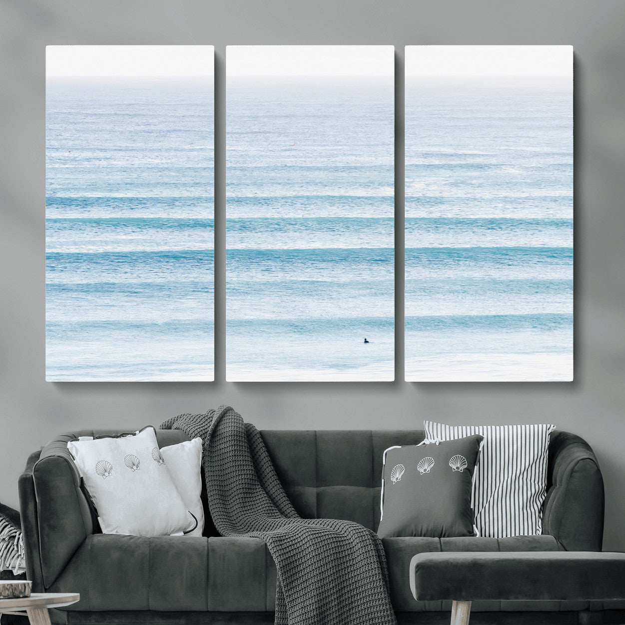77145995-MGV-CV-36X24-Ocean Wave Surfer Wall Art – Framed Minimal Seascape Canvas Artwork, Calm Blue Water Design, Coastal Decor for Home, Office