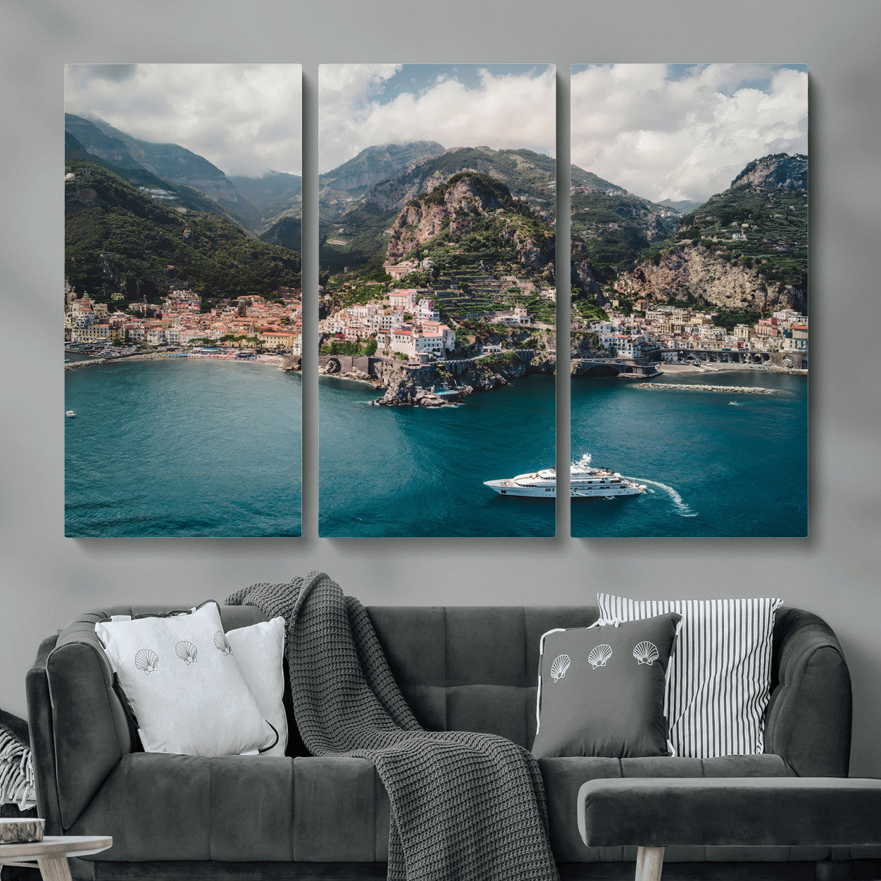 20321590-MGV-CV-36X24-Amalfi Coast Wall Art – Framed Italian Seaside Canvas Artwork, Mediterranean Landscape Design, Coastal Decor for Home, Office