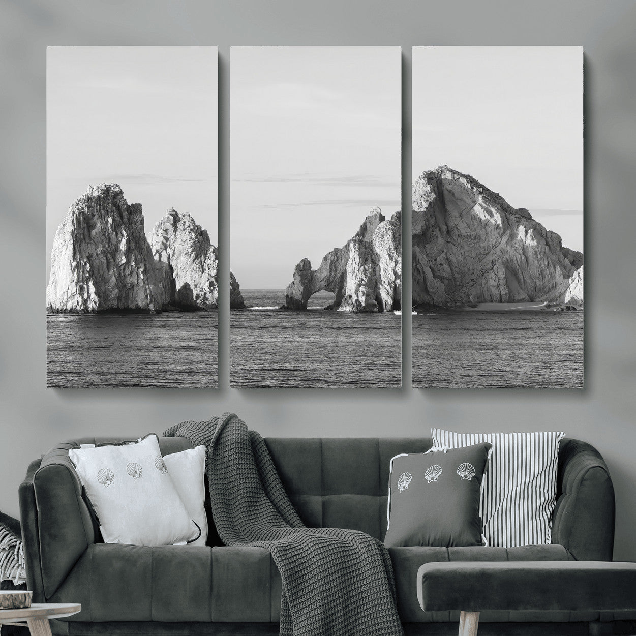MGV-CV-48X32-3P - Rugged Coastline Wall Art Canvas Print, Framed Ocean Cliffs Art Picture Print, Monochrome Seascape Perfect Coastal Minimalist Decor Artwork