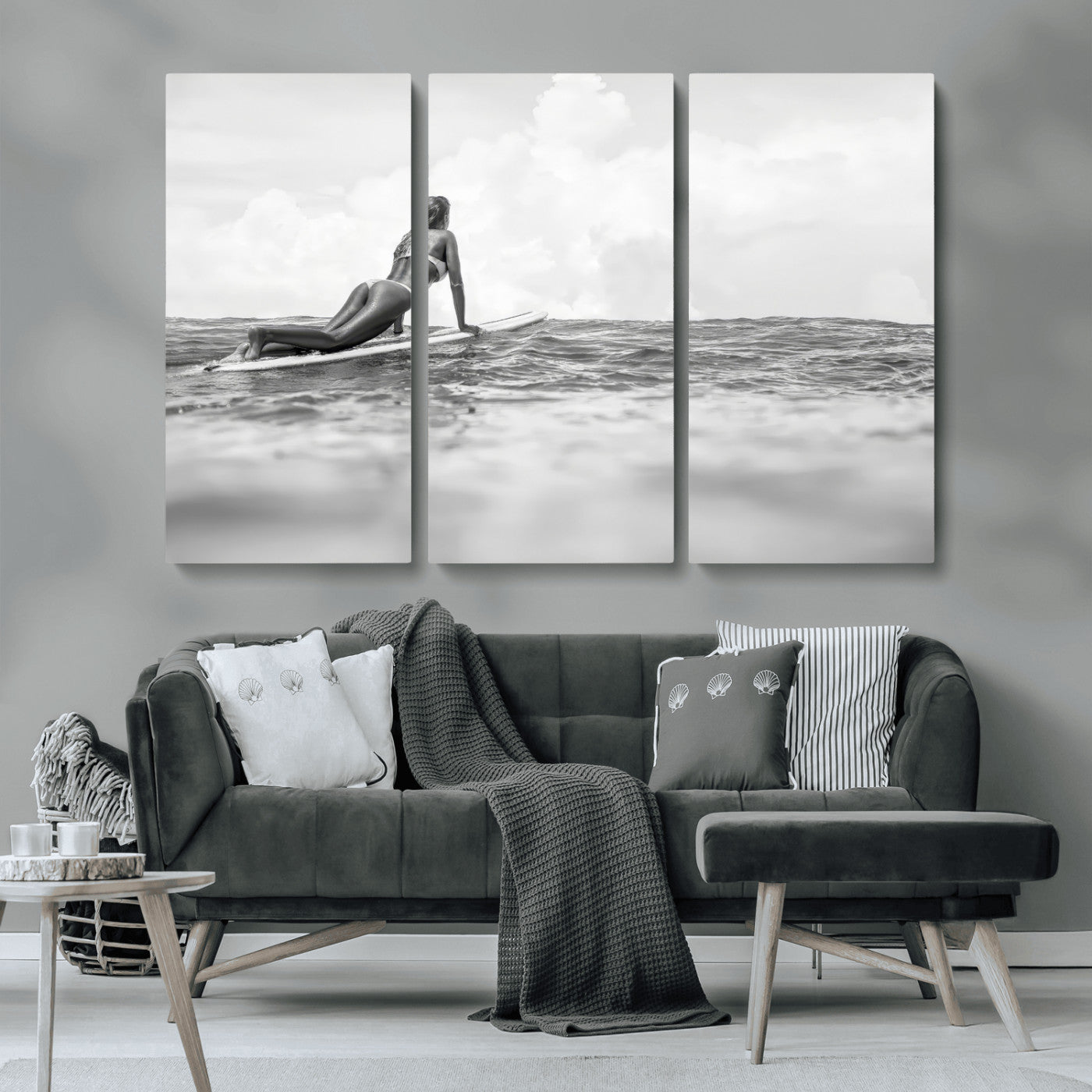 69798068-MGV-CV-36X24-Black and White Surfing Wall Art Canvas Print – Framed Ocean Horizon with Surfer Girl Coastal Adventure Artwork for Home, Office