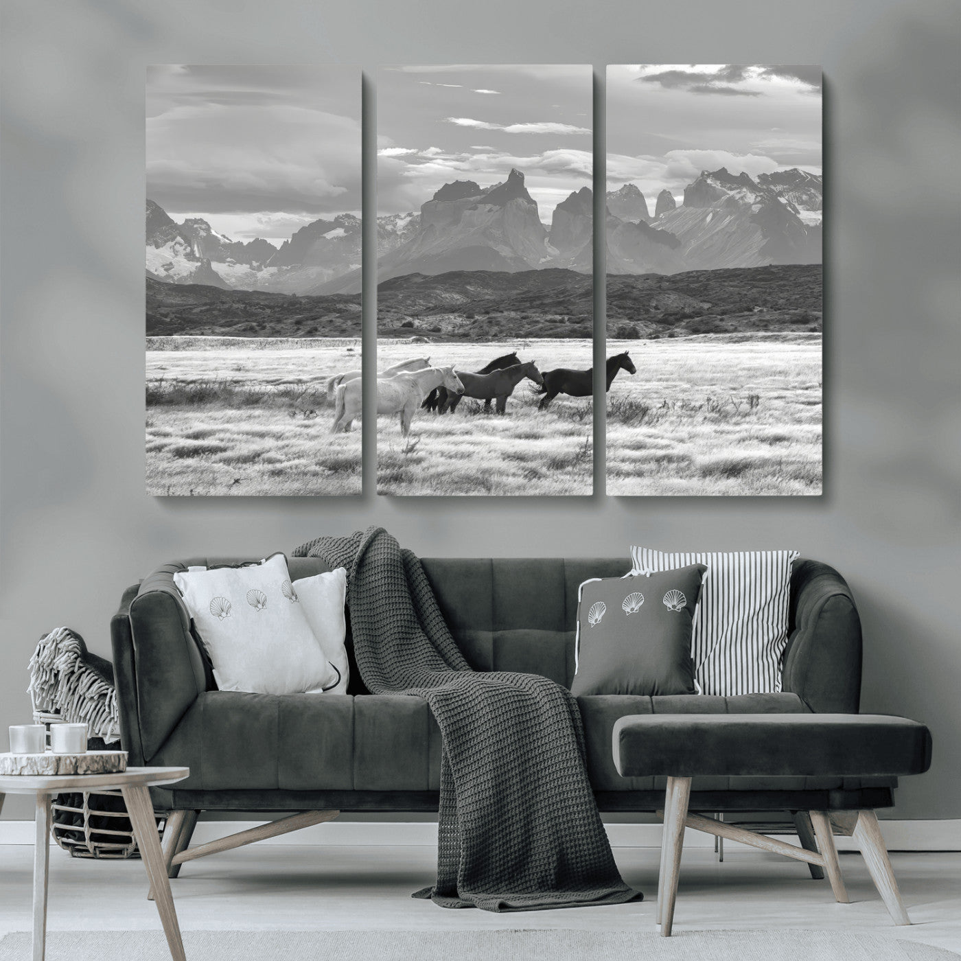 MGV-CV-48X32-3P - Wild Horses Wall Art Canvas Print, Framed Black White Mountains Art Picture Print, Rustic Countryside Perfect Rustic Western Decor Artwork