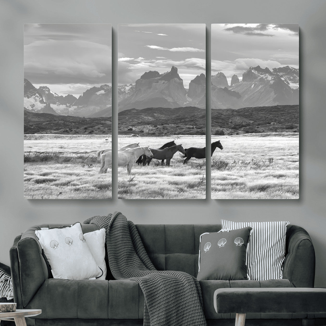 MGV-CV-48X32-3P - Wild Horses Wall Art Canvas Print, Framed Black White Mountains Art Picture Print, Rustic Countryside Perfect Rustic Western Decor Artwork