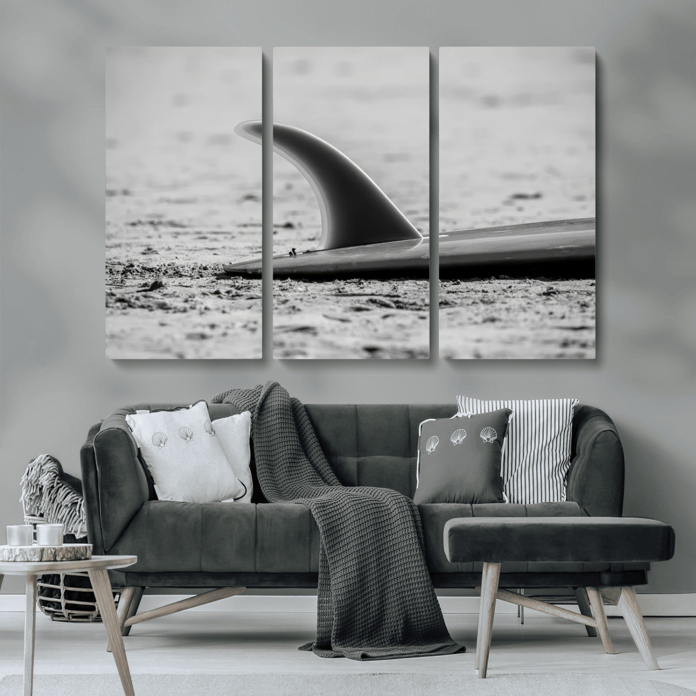 MGV-CV-48X32-3P - Black White Surfboard Wall Art Canvas Print, Framed Minimalist Beach Art Picture Print, Surf Fin Perfect Minimalist Coastal Decor Artwork