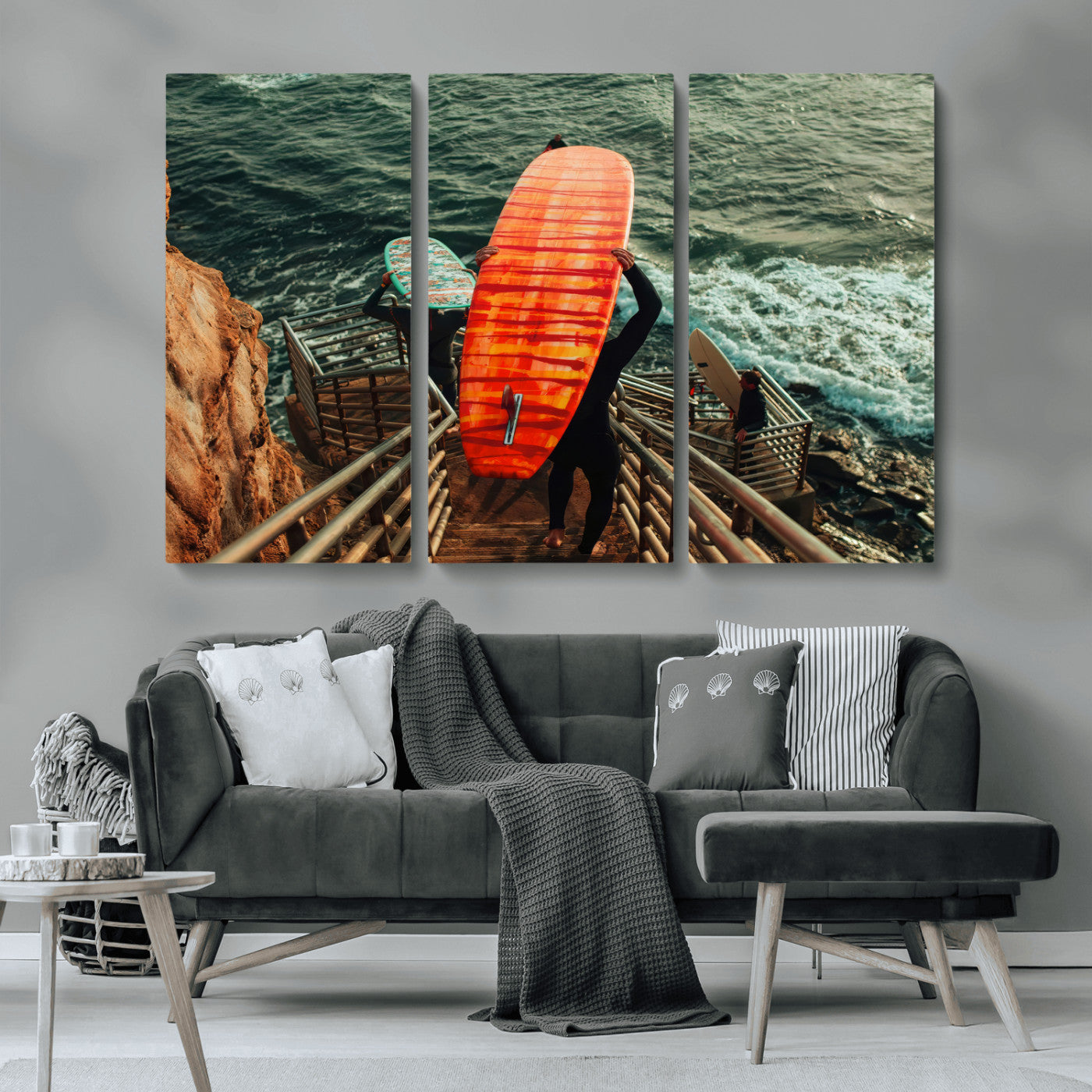 MGV-CV-48X32-3P - Surfer Stairway Wall Art Canvas Print, Framed Ocean Surf Art Picture Print, Sunset Coastal Perfect Coastal Adventure Decor Artwork
